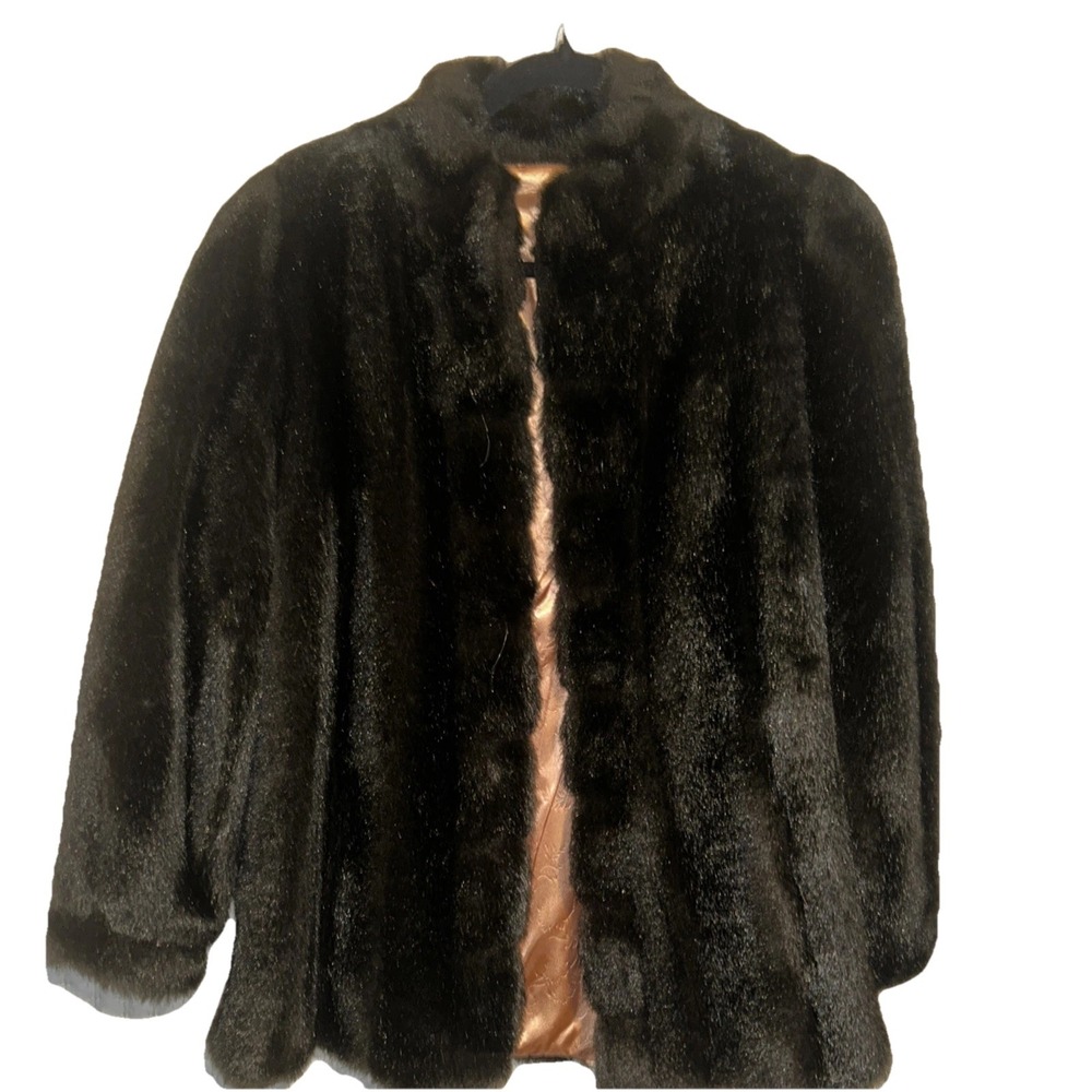 Vintage 60s Sears The Fashion Place Faux Fur Coat Black Satin Lined Mid Length‎
